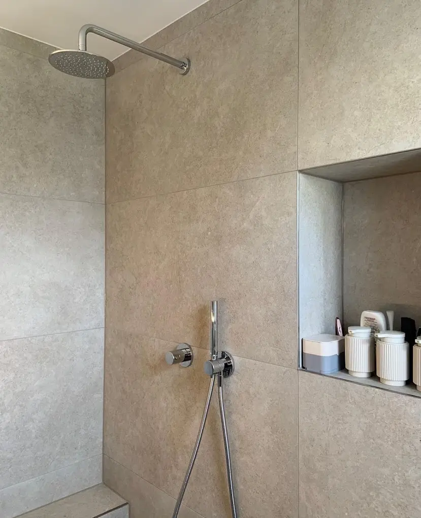 Detail of the tiling in the refurbished bathroom