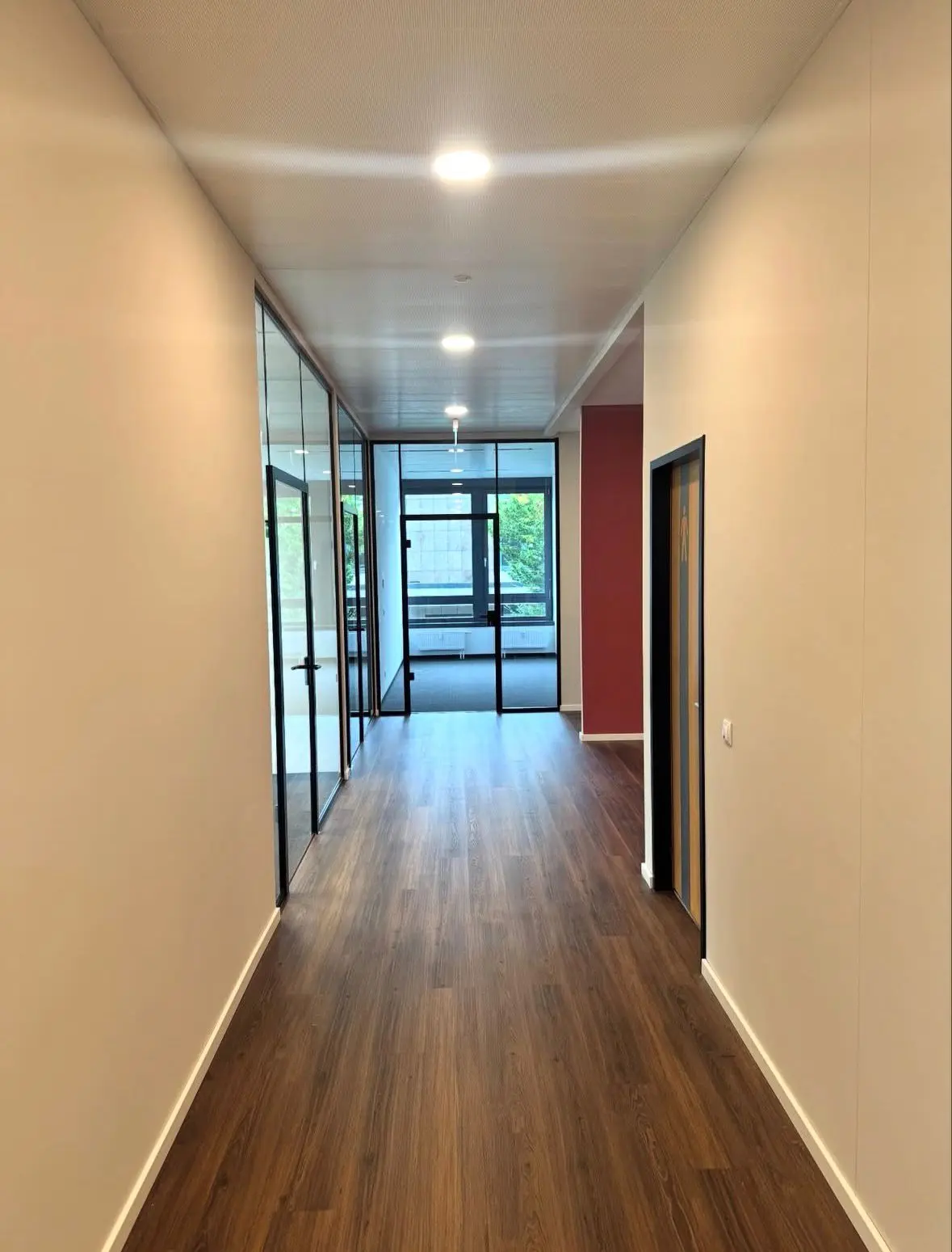 Office corridor with glazed partitions and a red accent wall